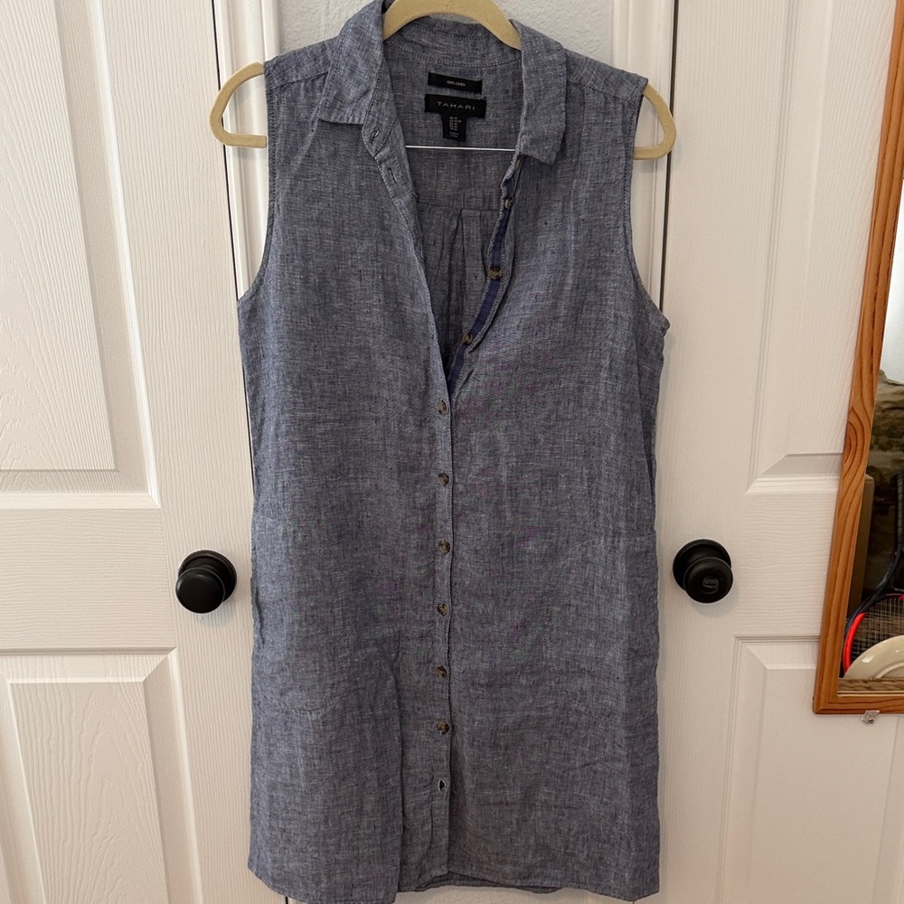 Tahari 100% Linen Sleeveless Blue Button-Up Dress
